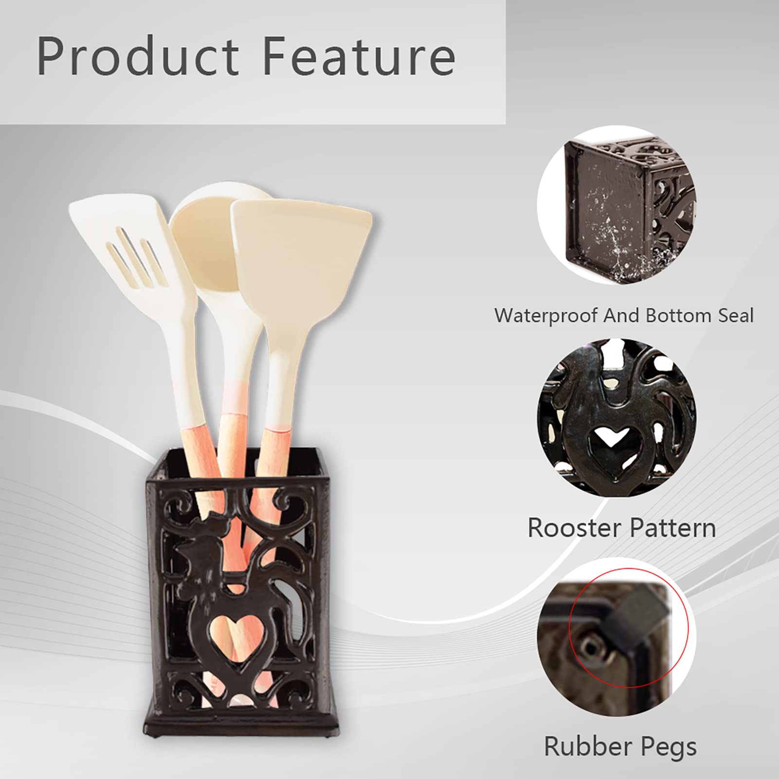 Minluful Vintage Utensil Holder For Countertop, Robust Cast Iron Utensil Holder For Kitchen Counter Cooking Tools Crock Spoon An