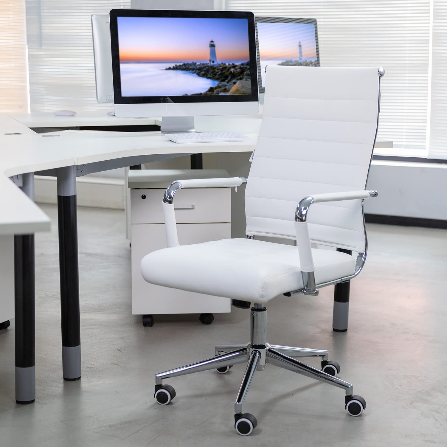 Okeysen Ergonomic Office Desk Chair, Modern Leather Conference Room Chairs Ribbed, High Back Executive Swivel Rolling Chair For