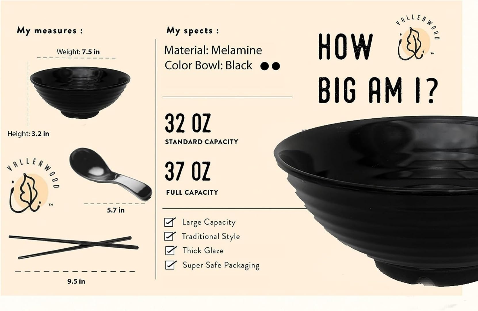 Vallenwood 4 Ramen Bowls, 12 Pieces Pho Set. All Black Asian Japanese Soup. Utensil: Spoons And Chopsticks Kit. Melamine. Large