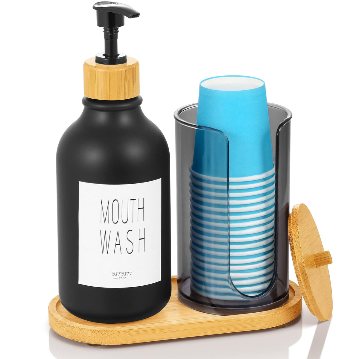 Vitviti Mouthwash Dispenser For Bathroom, Mouth Wash Pump Bottle With Paper Cup Holder, 17Oz Refillable Black Mouthwash Containe
