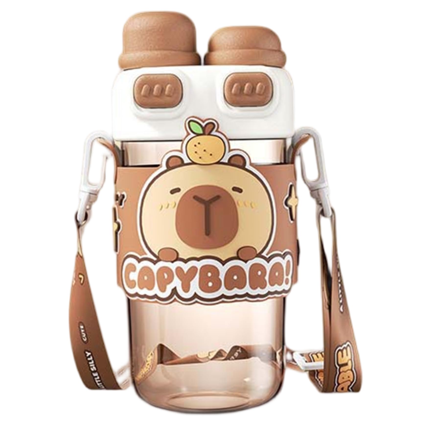 Tsawntd Capybara Water Bottle, 720ml Cartoon Plastic Kawaii Water Bottle with Dual Lid & Adjustable Strap, HeatResistant Drinki