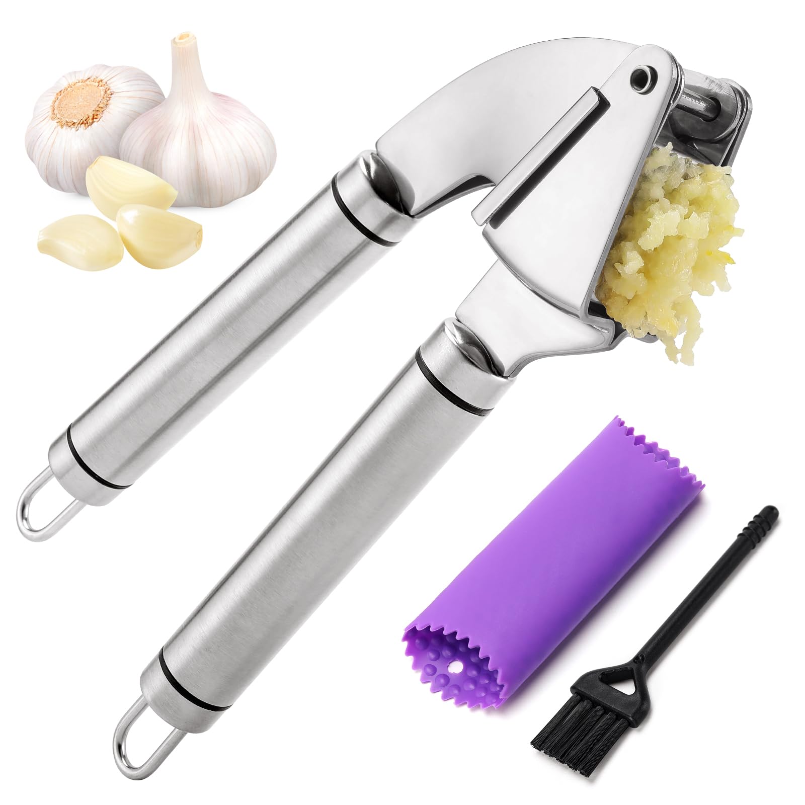 BURLIHOME Stainless Steel Garlic Press Mincer,HeavyDuty,Purple Peeler Tube
