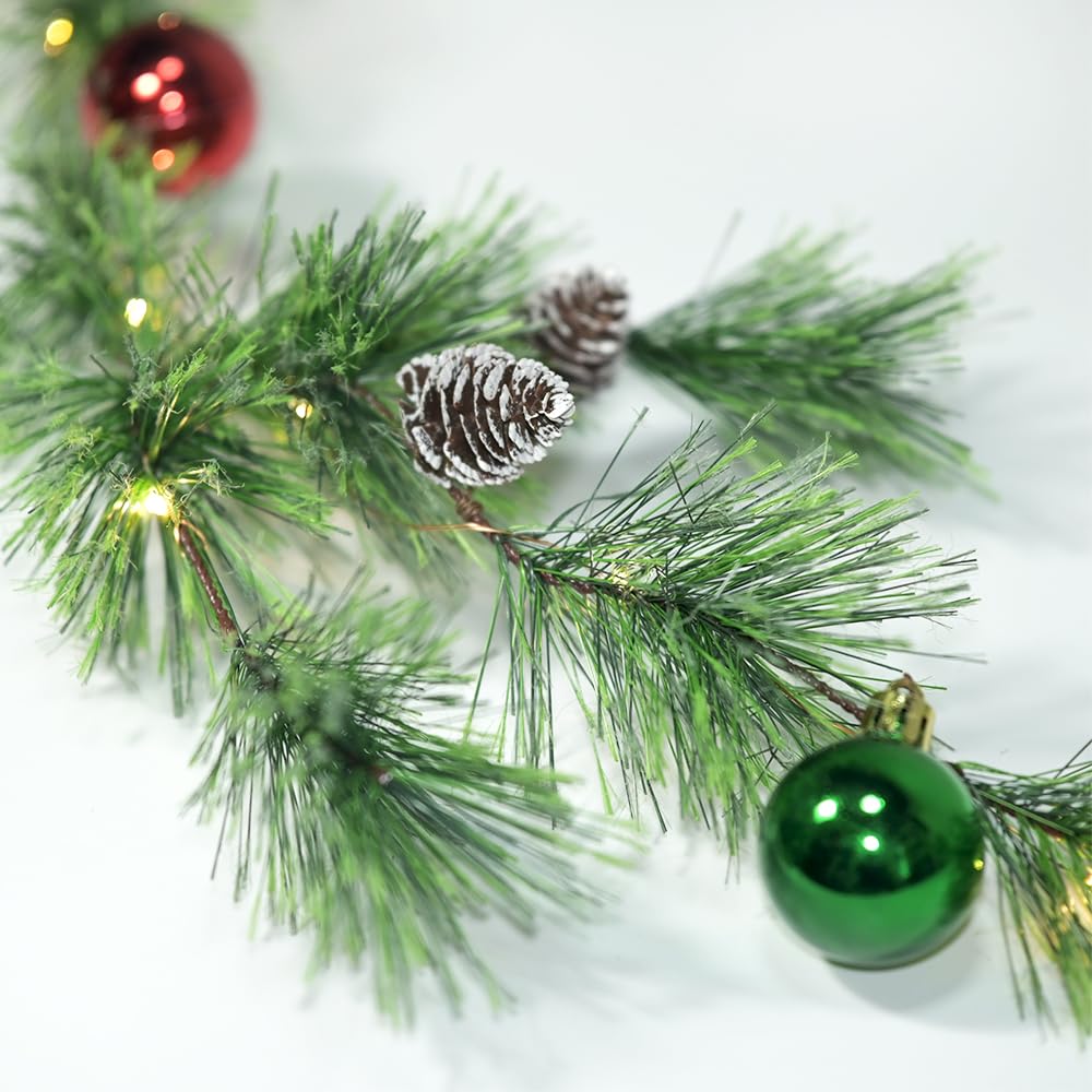Christmas Garland Lights with Christmas Balls 6.56FT 30 LED Fairy Lights Battery Operated Smokey Pine Garlands with Pine Cones G