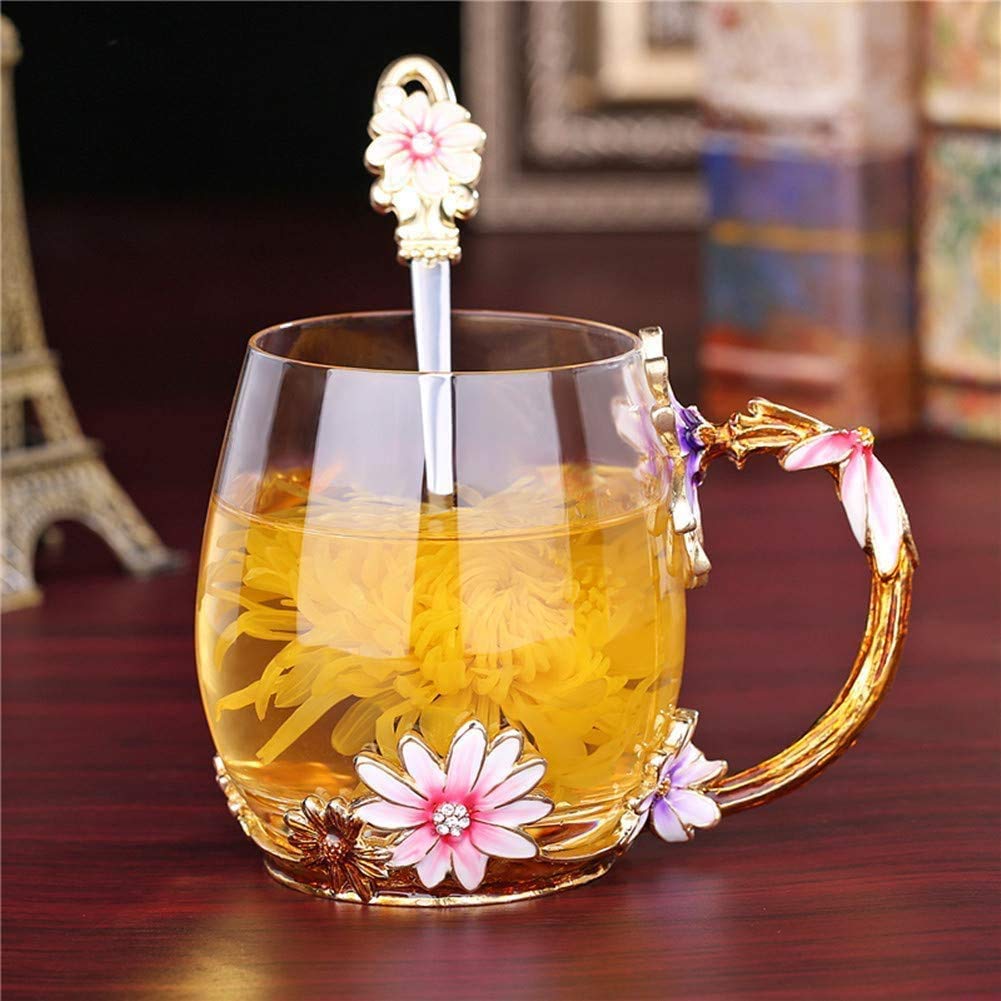 Evecase Daisy Flower Glass Mugs Tea Cup With Steel Spoon,Tea Lovers Gifts For Women,Wife,Mom,Female,Friends,Birthday,Mothers Day