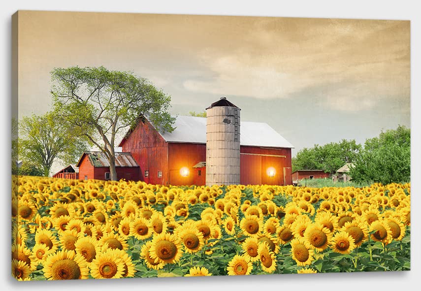 Alottagifts Barn Sunflower Field Lighted Canvas Wall Art Print 16'' X 12'' With Timer | Led Canvas Canvas Wall Art Print Design