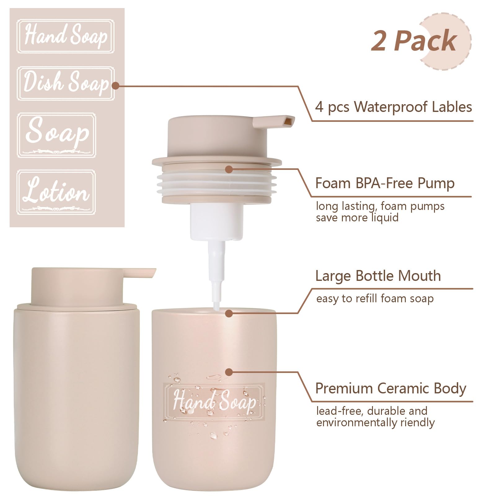 Bosilunlife Foaming Soap Dispenser Set - Khaki Ceramic Foam Hand Soap Dispenser 12Oz Soap Dispenser Set With Rust Proof Pump, 4P