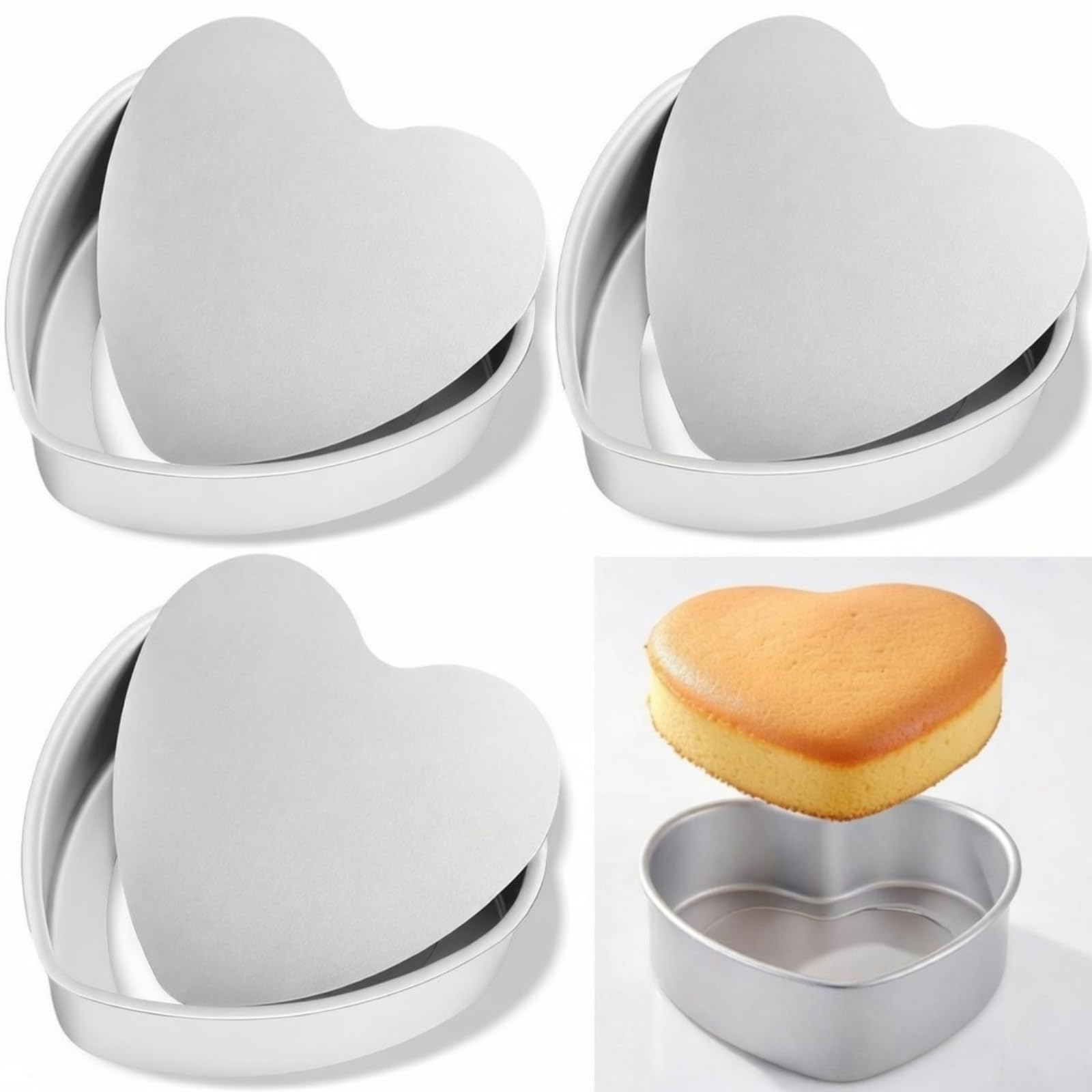 Nuogo 3 Pieces 8 Inch Heart Shaped Cake Pans Nonstick Aluminum Baking Pans with Removable Bottom Heart Cake Mold for Kitchen Bi