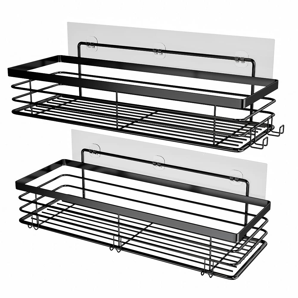 Orimade Shower Caddy with 5 Hooks for Hanging Razor and Sponge Adhesive Shower Shelf Basket Bathroom Storage Organizer Kitchen Rack No Drilling Stainless Steel Rustproof - 2 Pack Black