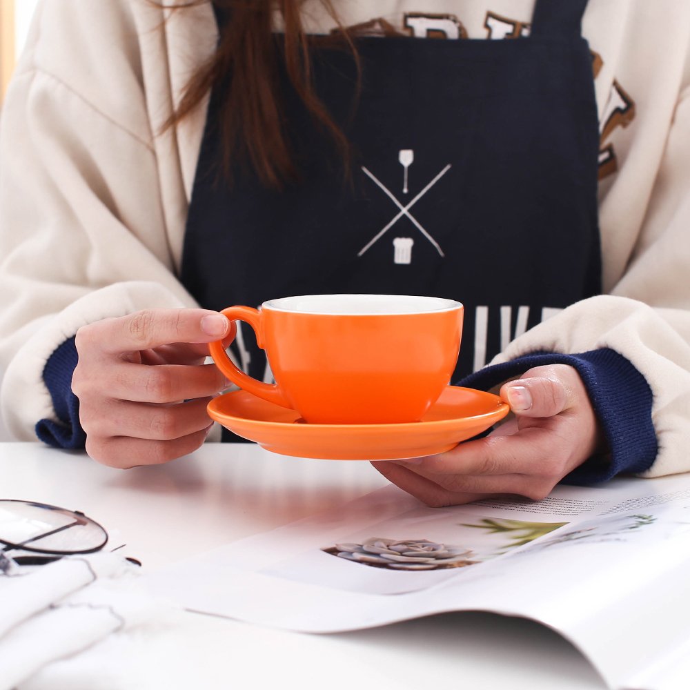 Coffeezone Ceramic Latte Art Cup And Saucer For Latte & Cappuccino, Mate For Coffee Shop And Barista (Matte Orange, 10.5 Oz)