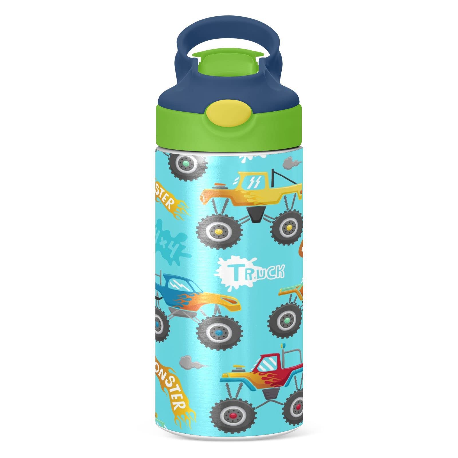 Boccsty Monster Truck Cartoon Car Kids Water Bottle With Straw Lid Insulated Stainless Steel Reusable Tumbler For Boys Girls Tod