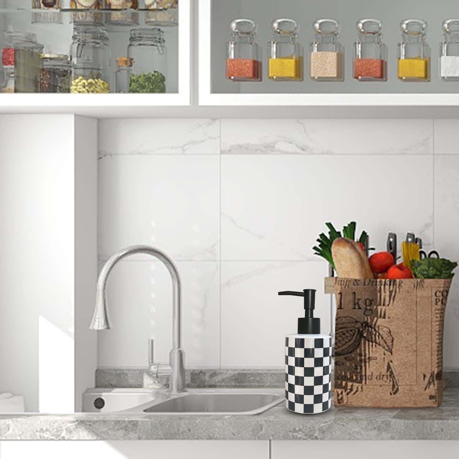 Bathroom Soap Dispenser With Matte Black Pump White Ceramic Soap Dispenser For Kitchen Checkerboard Empty Pump Bottle (Black)