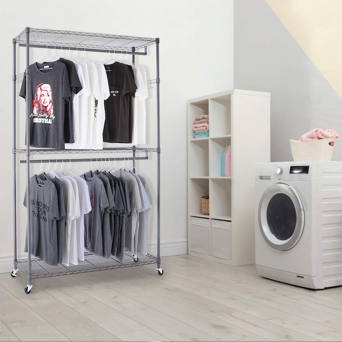 Homdox Garment Rolling Rack Clothing Rack With Double Clothes Rods And Lockable Wheels+1 Pair Side Hooks,Gray