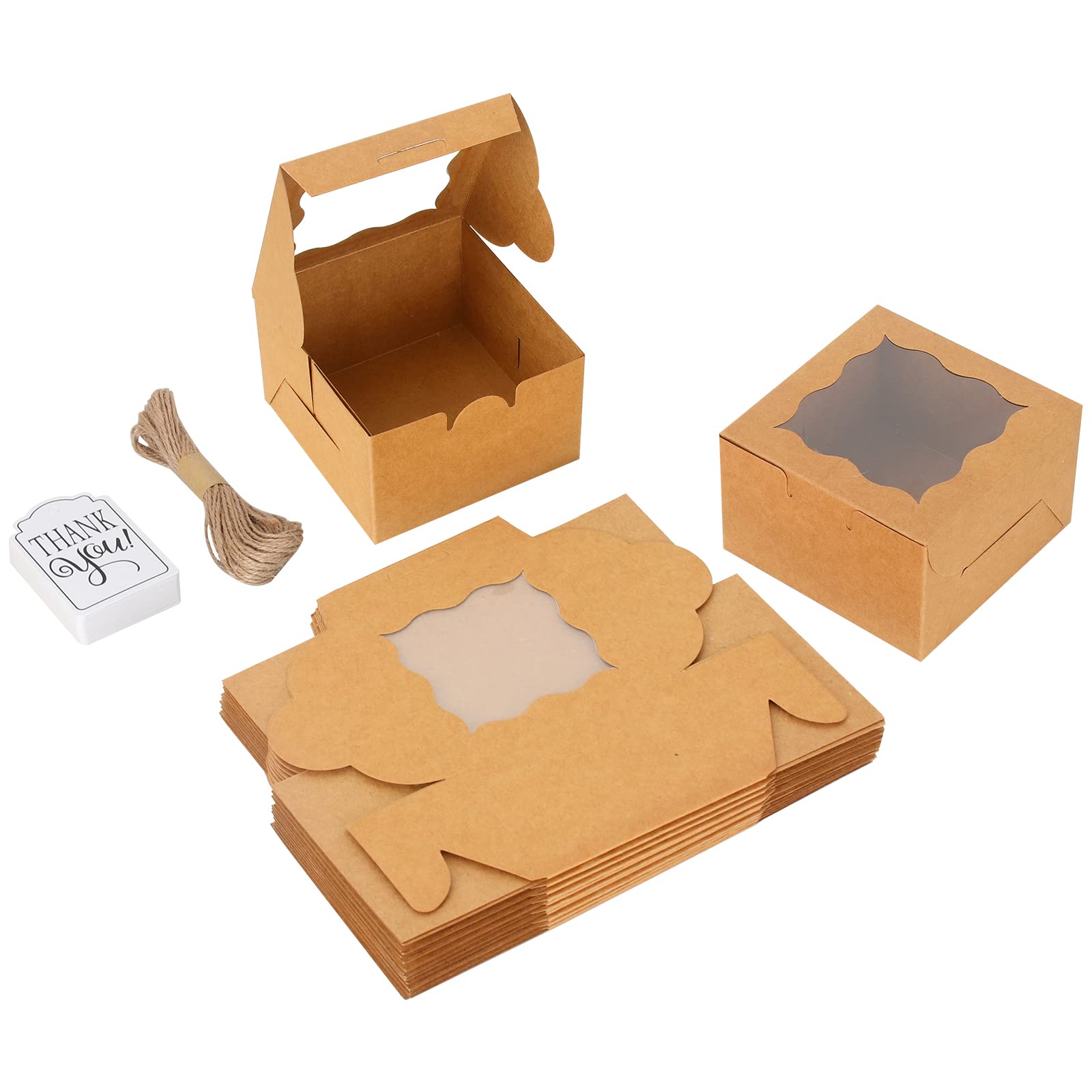 Kposiya 60 Pcs Brown Bakery Boxes With Window Individual Cupcake Boxes 4X4X2.5 Inches Cookie Boxes Kraft Paper Brown Gift Box Fo