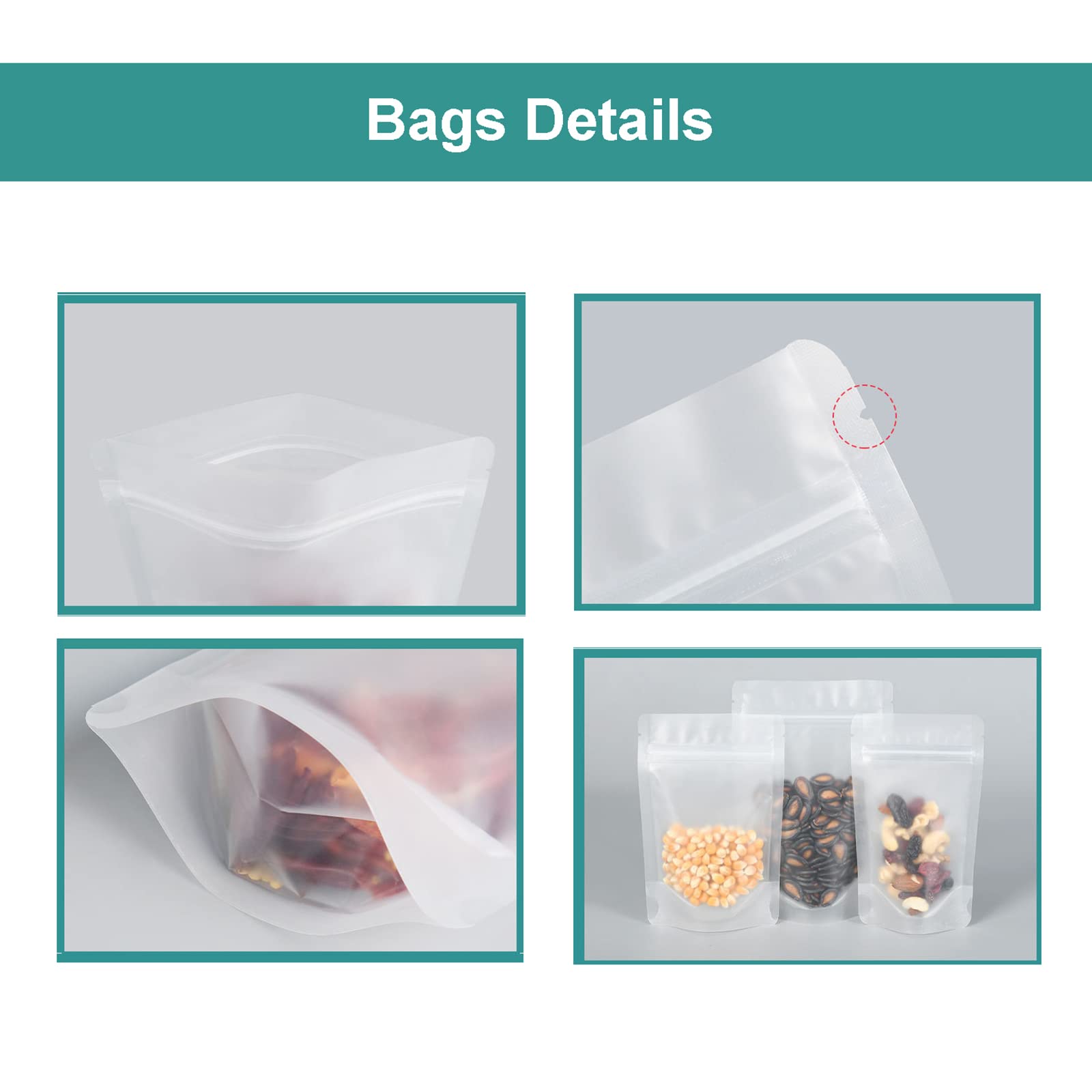 50 Pack Matte Frosted Clear Zipper Food Bags, Stand Up Pouch Bag Resealable Stand Up Candy Bags, Snack Food Tea Packing Dried Fr