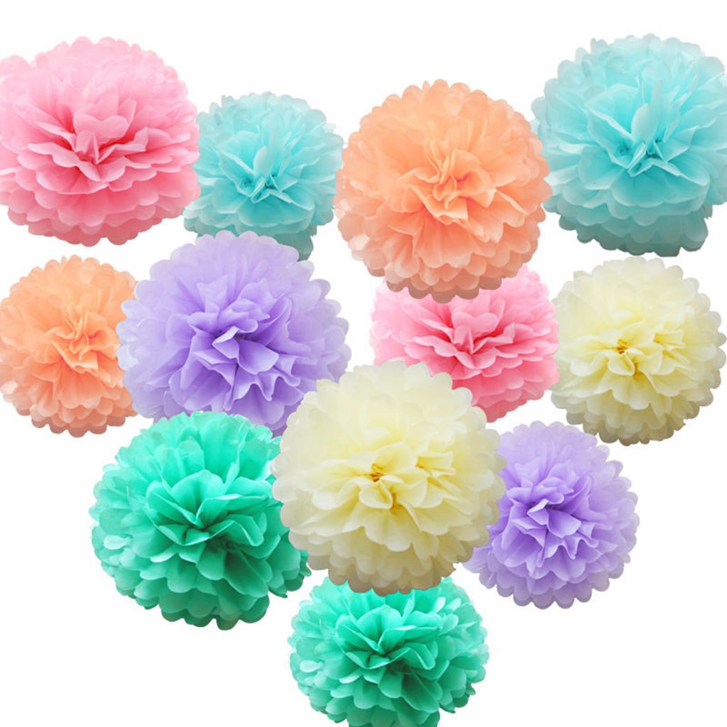 Ishyan 12 Pcs Assorted Rainbow Colors Tissue Paper Pom Poms Flower Balls For Birthday Wedding Party Baby Shower Decorations