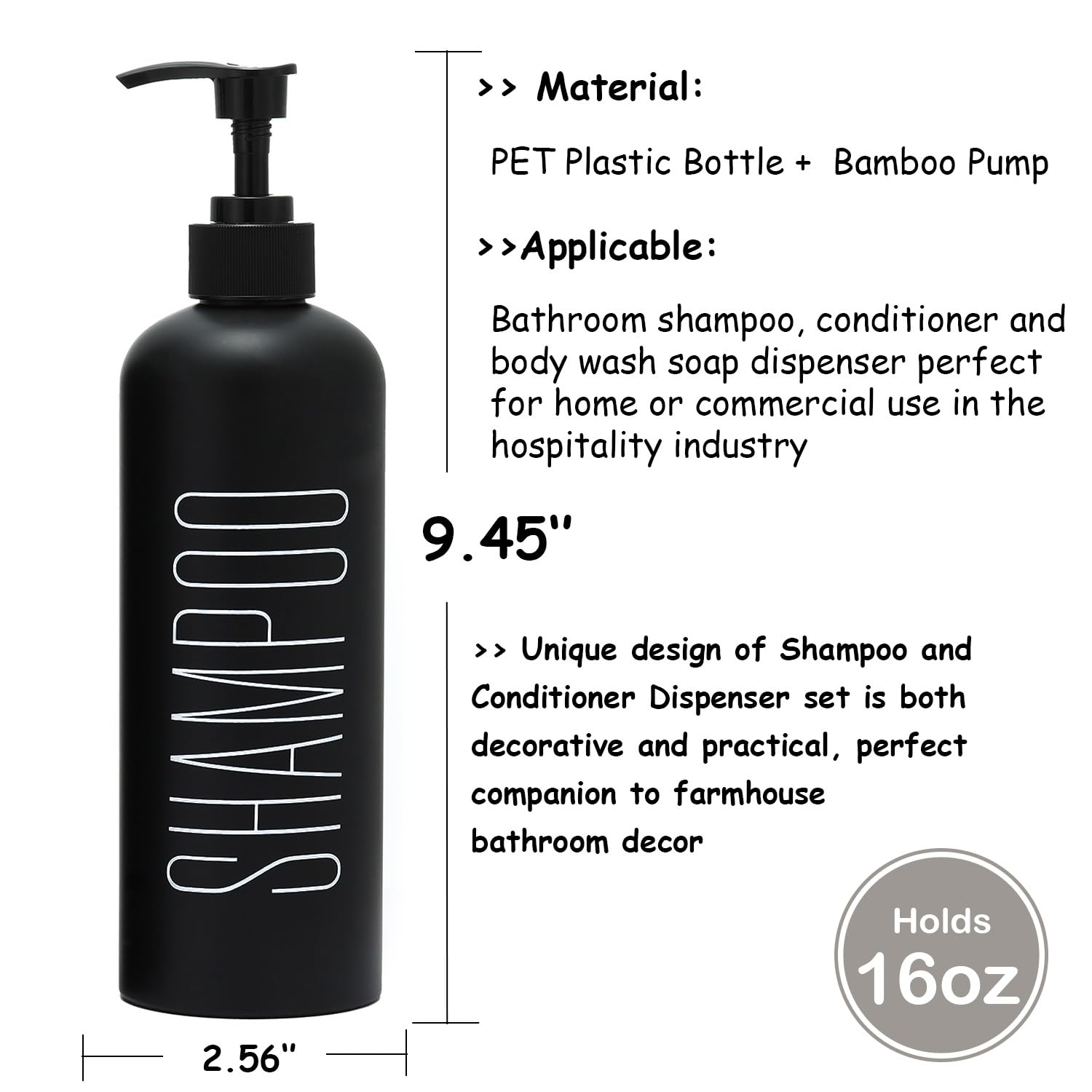 HOMCDALY Black Shampoo and Conditioner Dispenser, 16oz 3-Pack, Refillable Plastic Pump Bottles for Bathroom Shower