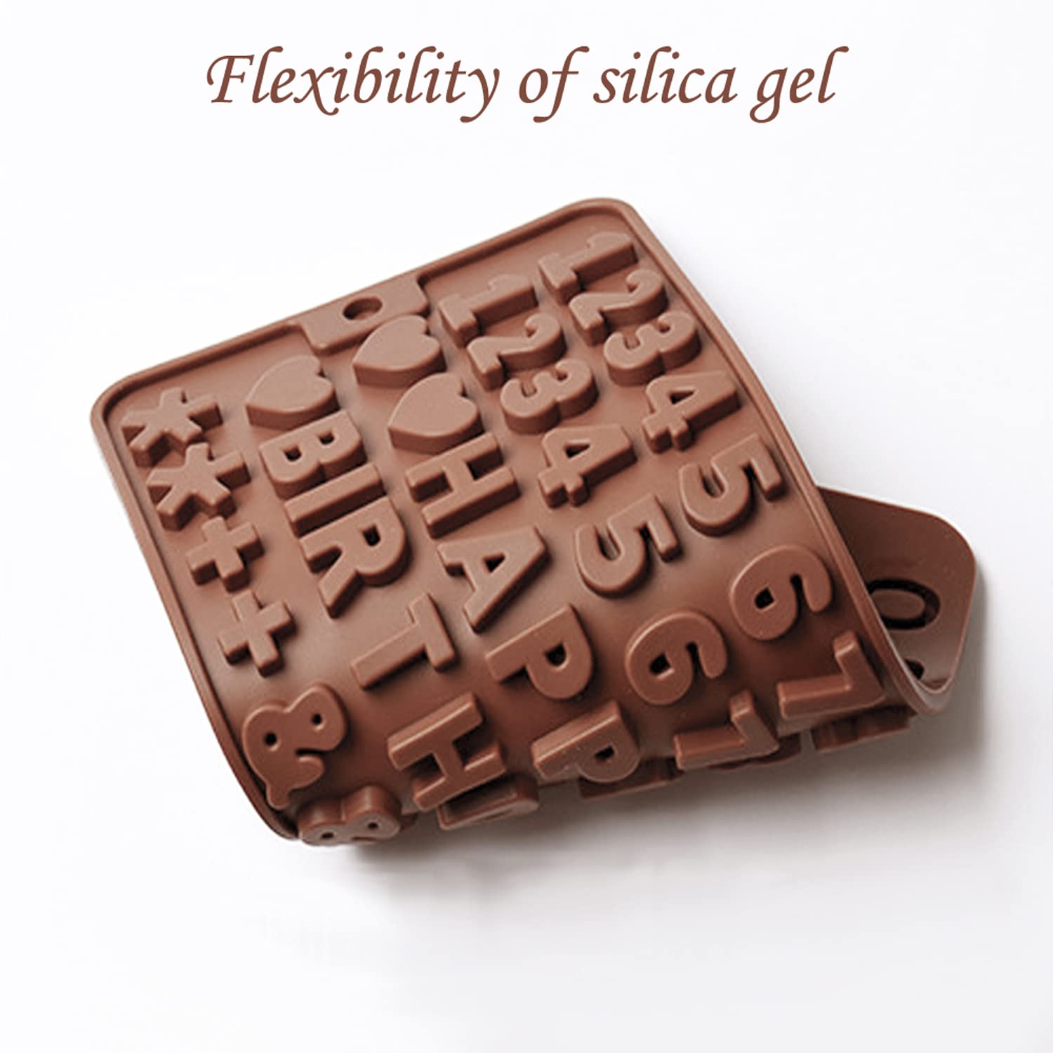 Murong Silicone Letter Number Molds,Reusable Chocolate Molds With Happy Birthday Cake Decorating Symbols(Brown 2Pcs)