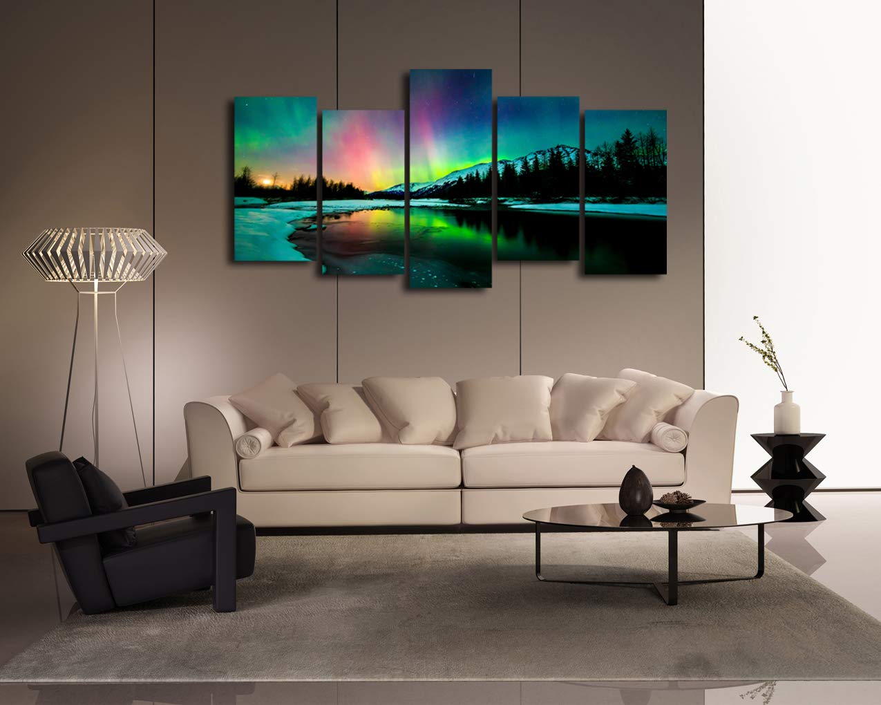 S01927 5 Pieces Wall Art Aurora Scenery Painting On Canvas Stretched And Framed Canvas Paintings Ready To Hang For Home Decorati