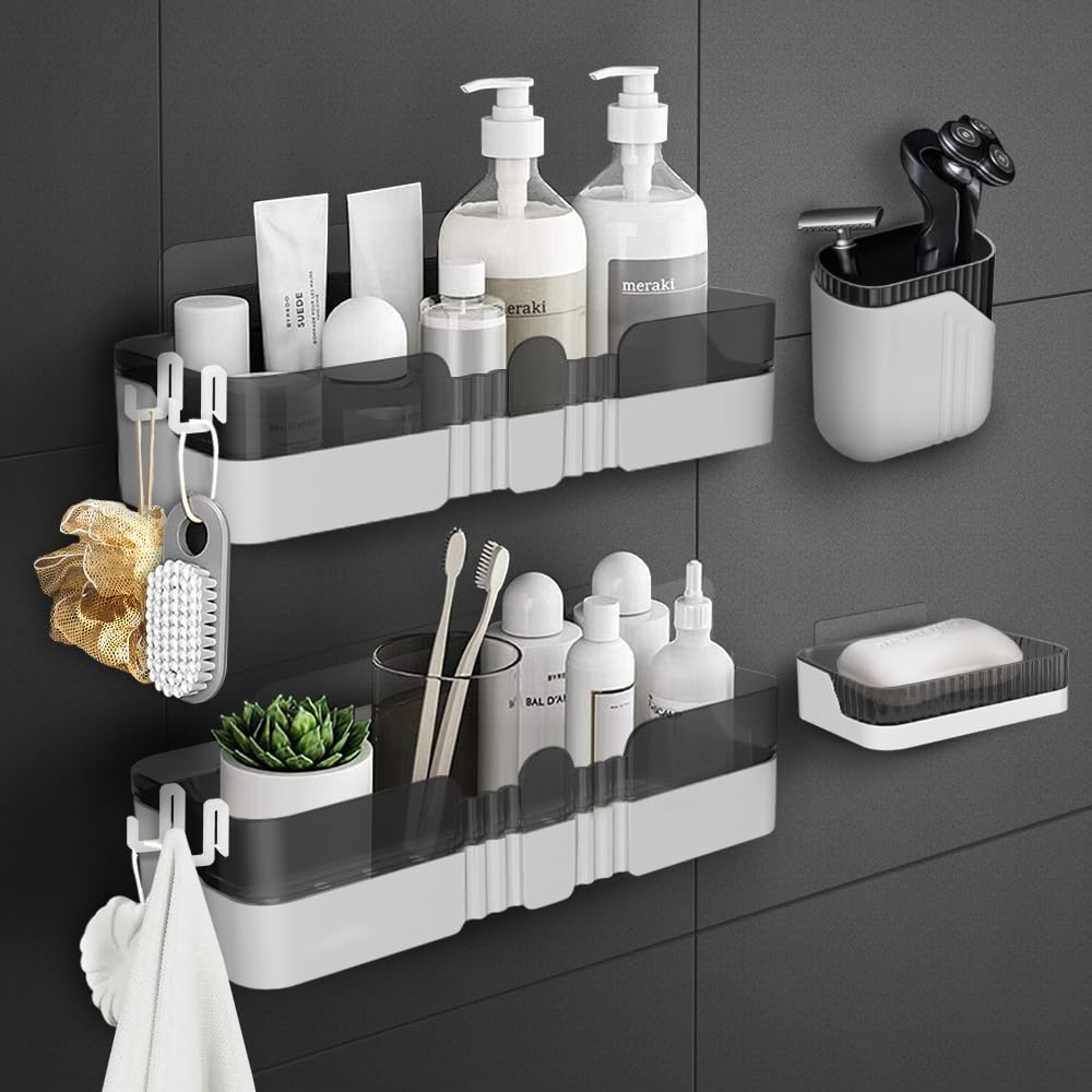 WeshyiGo Shower Caddy No Drilling Shower Organizers with Soap Dish Toothbrush Holder and Hooks Plastic Detachable Large Bathroom
