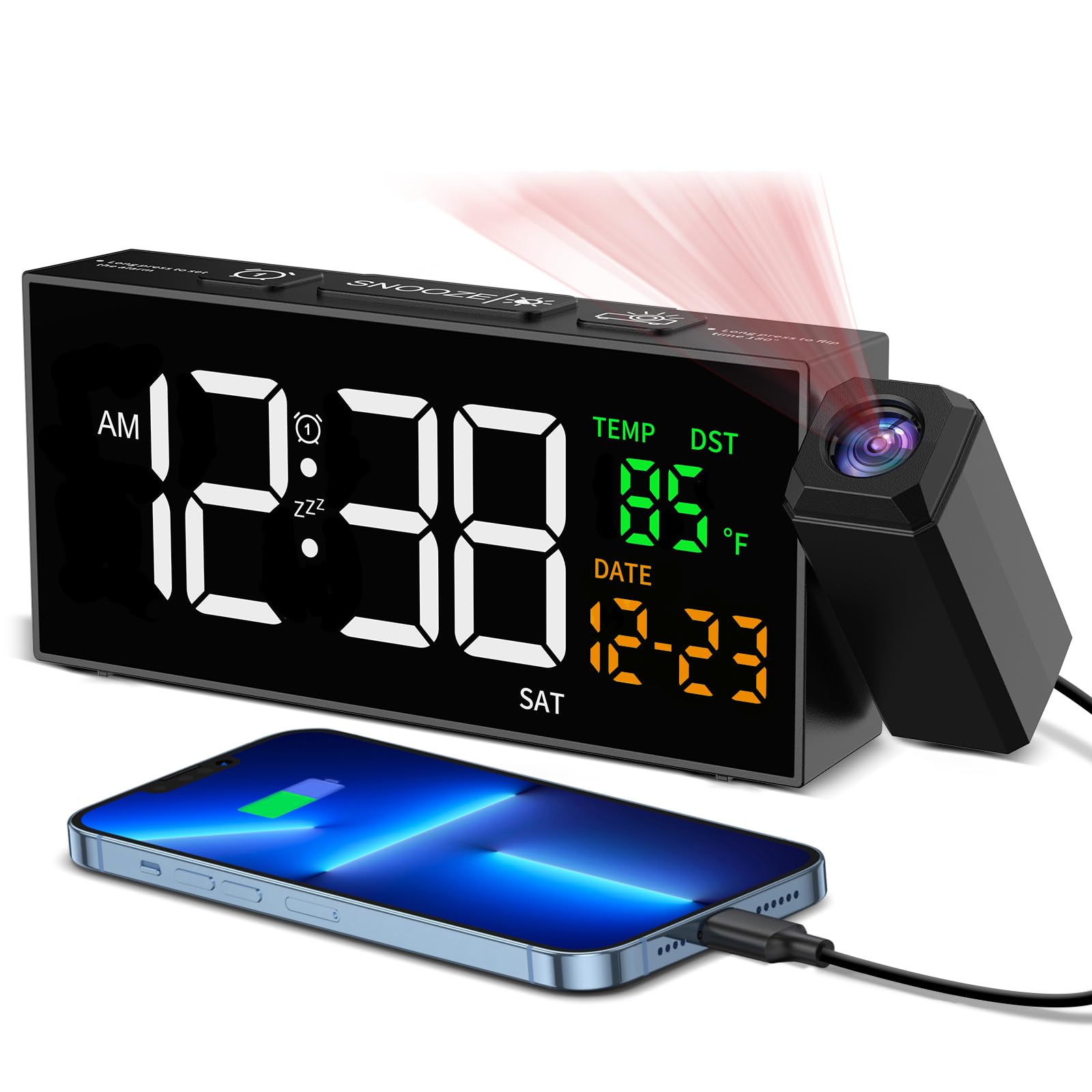 Netzu Projection Alarm Clocks Bedside, Loud Alarm Clock With 350 Rotatable Projector, Temperature, Date, 10 Alarmtones, 4 Volume