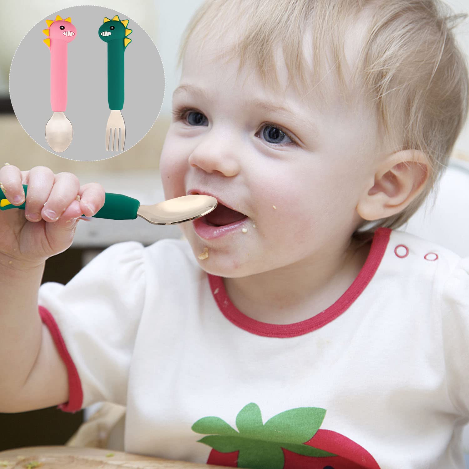 NICINGU Toddler Utensils,Baby Spoons Fork Sets,Kids Silverware with Silicone Handle,Dinosaur Toddler Spoons Forks-Pink