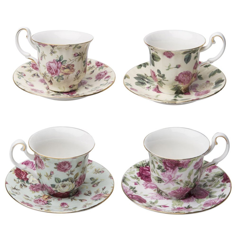 Gracie China Rose Chintz Porcelain 3-Ounce Small Petite Espresso/Demitasse Cup And Saucer With Gold Trim Set Of 4