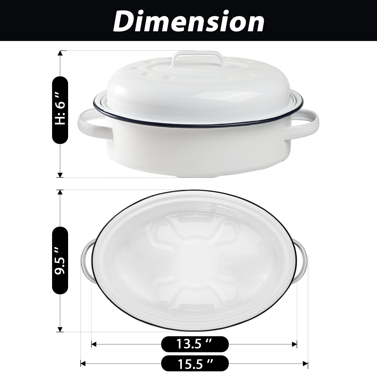 Webake Enameled Roasting Pan With Lid, Covered Roaster Pan Oval Pot Enamelware Cookware, 15.5 Inch, Vintage Farmhouse White