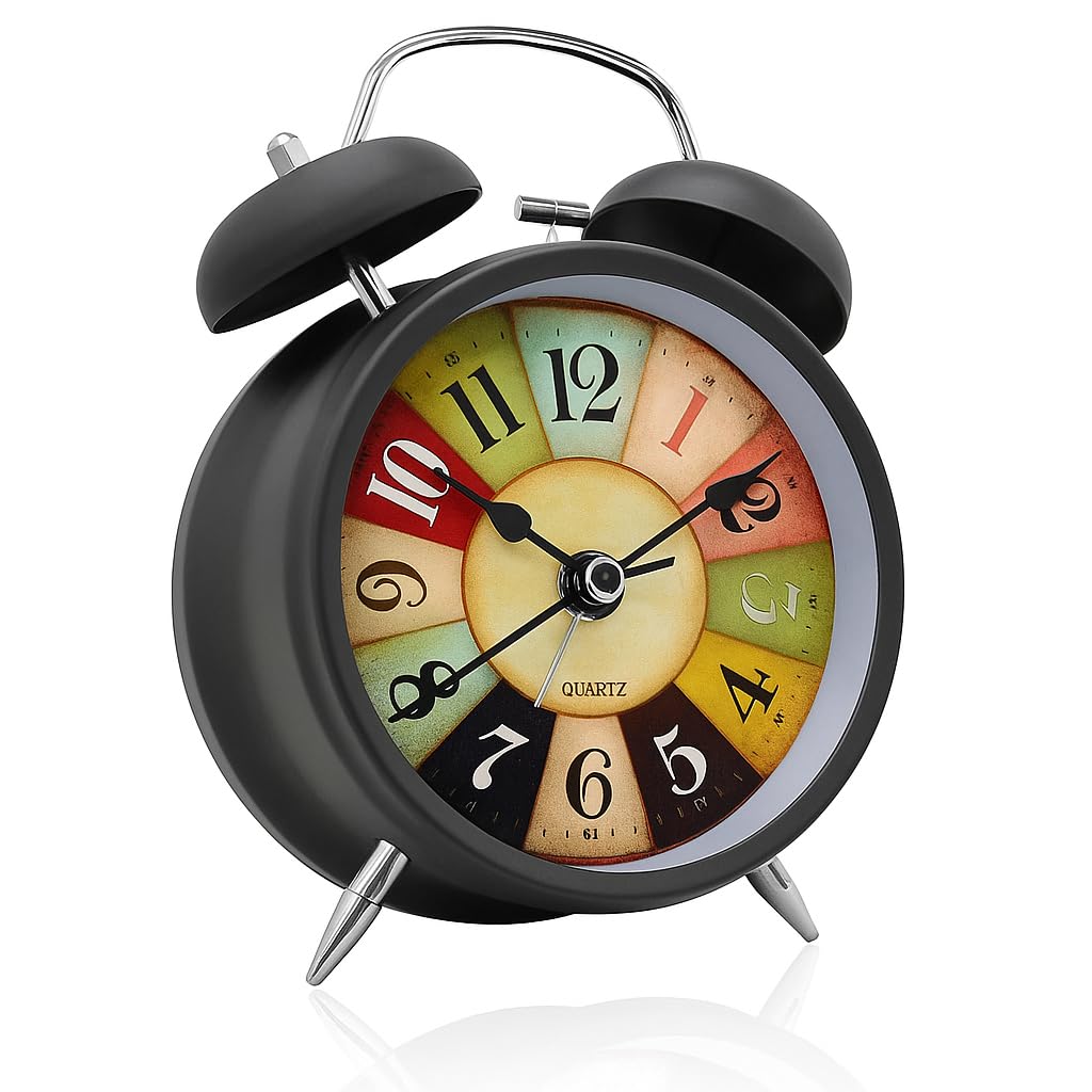 Aerys Retro Twin Bell Alarm Clock, Metal Frame, Night Backlight, Silent Movement, Luminous Table Clock For Students, Bedroom, Of