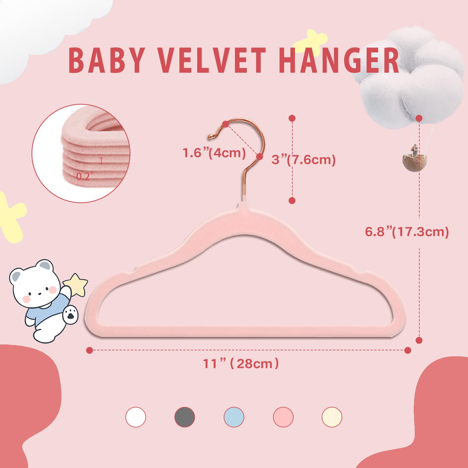 Wellong Baby Velvet Hangers, 16 Packs Kids Clothes Hangers, Non-Slip Childrens Hangers With Shoulder Notches, Storage Organizer