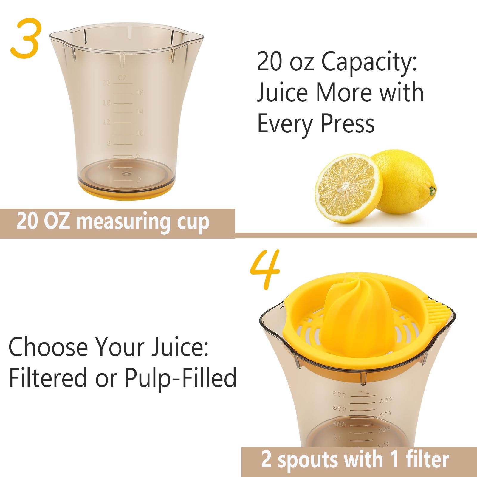 Citrus Orange Juicer Manual Lemon Lime Squeezer, Hand Lemon And Lime Juicer And Reamer With 20 Oz Bowl, 2 Pour Spouts