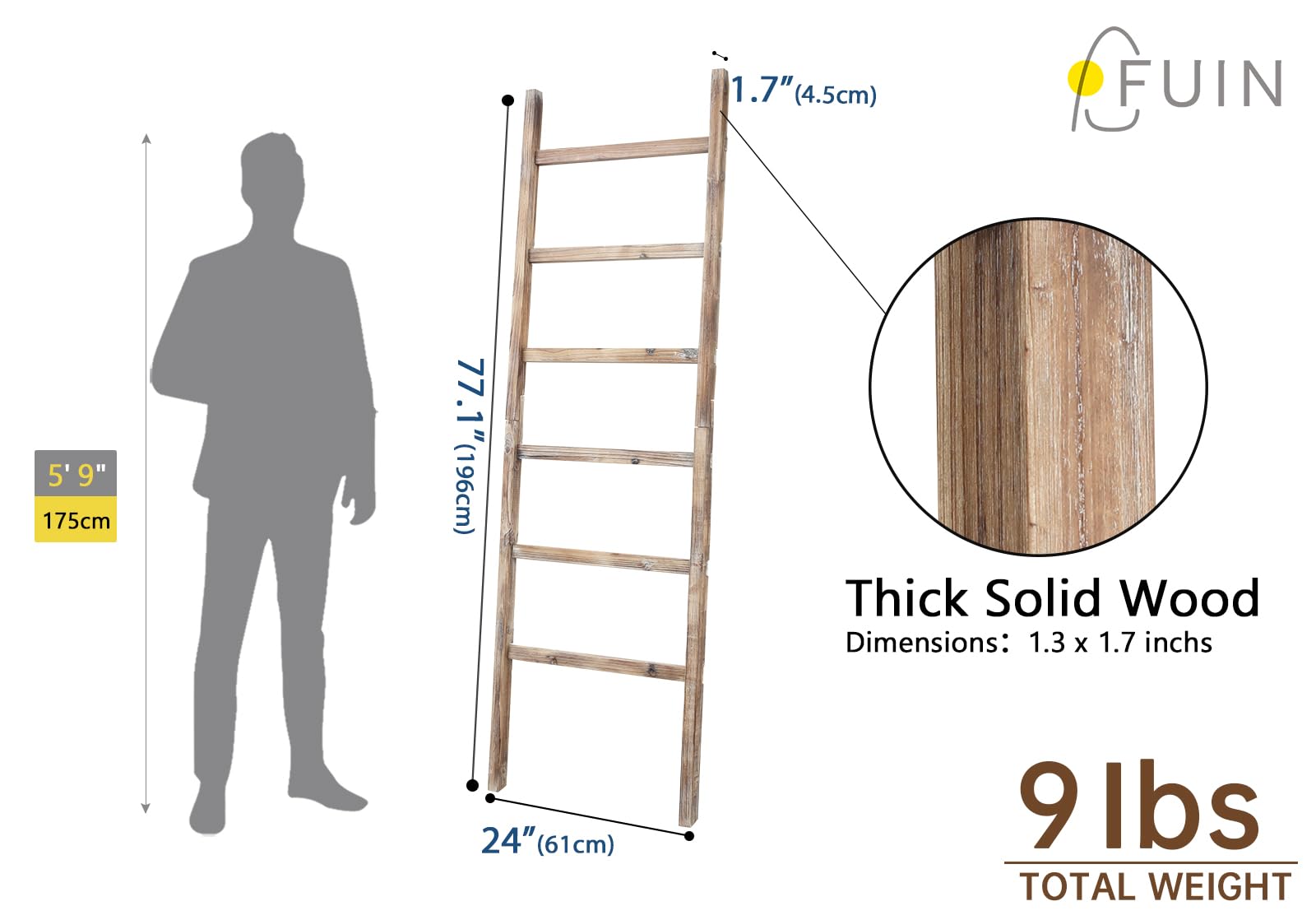 Fuin 6.4Ft Extra Wide Wooden Blanket Ladder Living Room Decorative Wal Leaning Farmhouse Quilt Display Holder Rustic Wood Towel