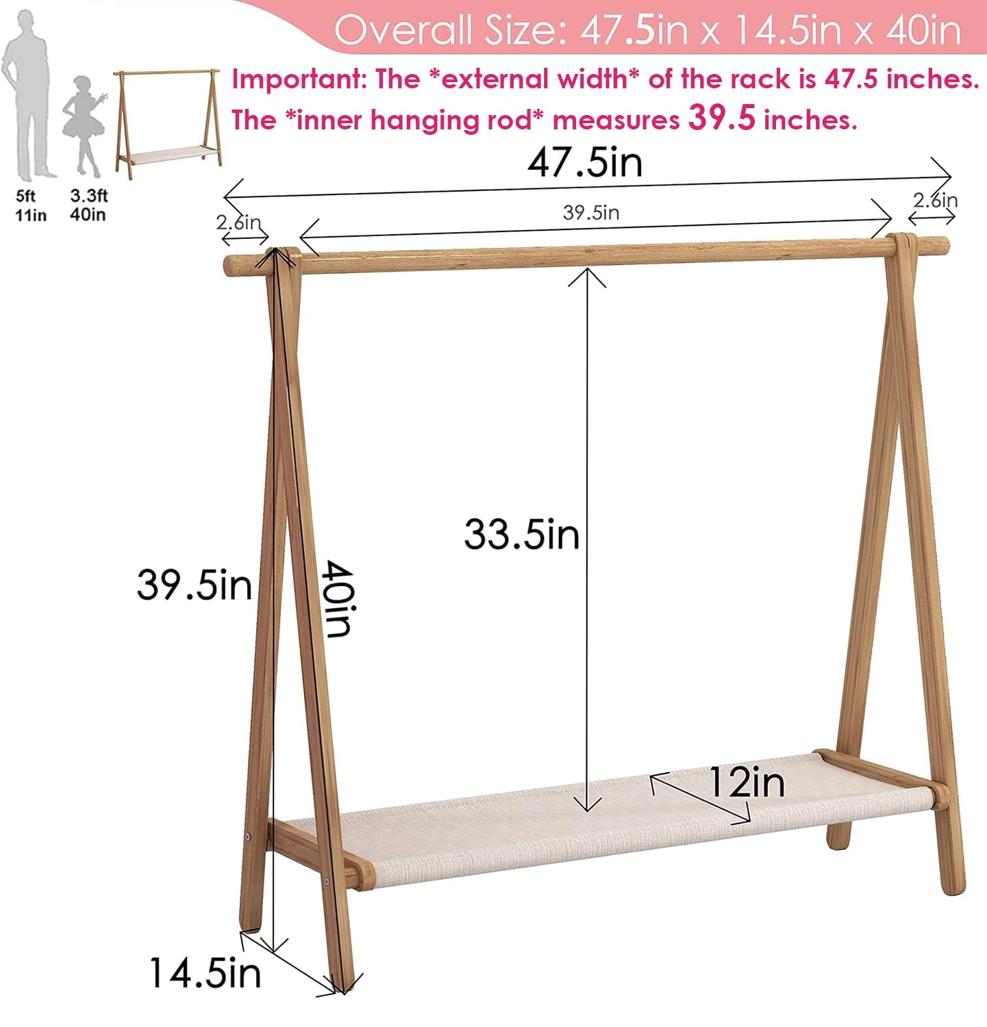 VOGUSLAND Dress up Rack  Child Garment Rack  Kids Clothing Rack with Storage Shelf (Natural Beech  47.5 '' L x 14.5 '' W x 40 '' H)