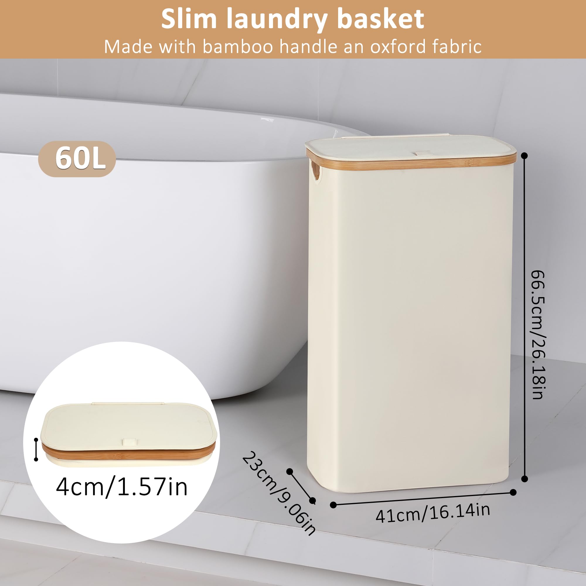 Iegrow Slim Laundry Hamper, Narrow Laundry Basket With Lid,Foldable Clothes Hamper With Bamboo Handles,Hamper Basket With Remova