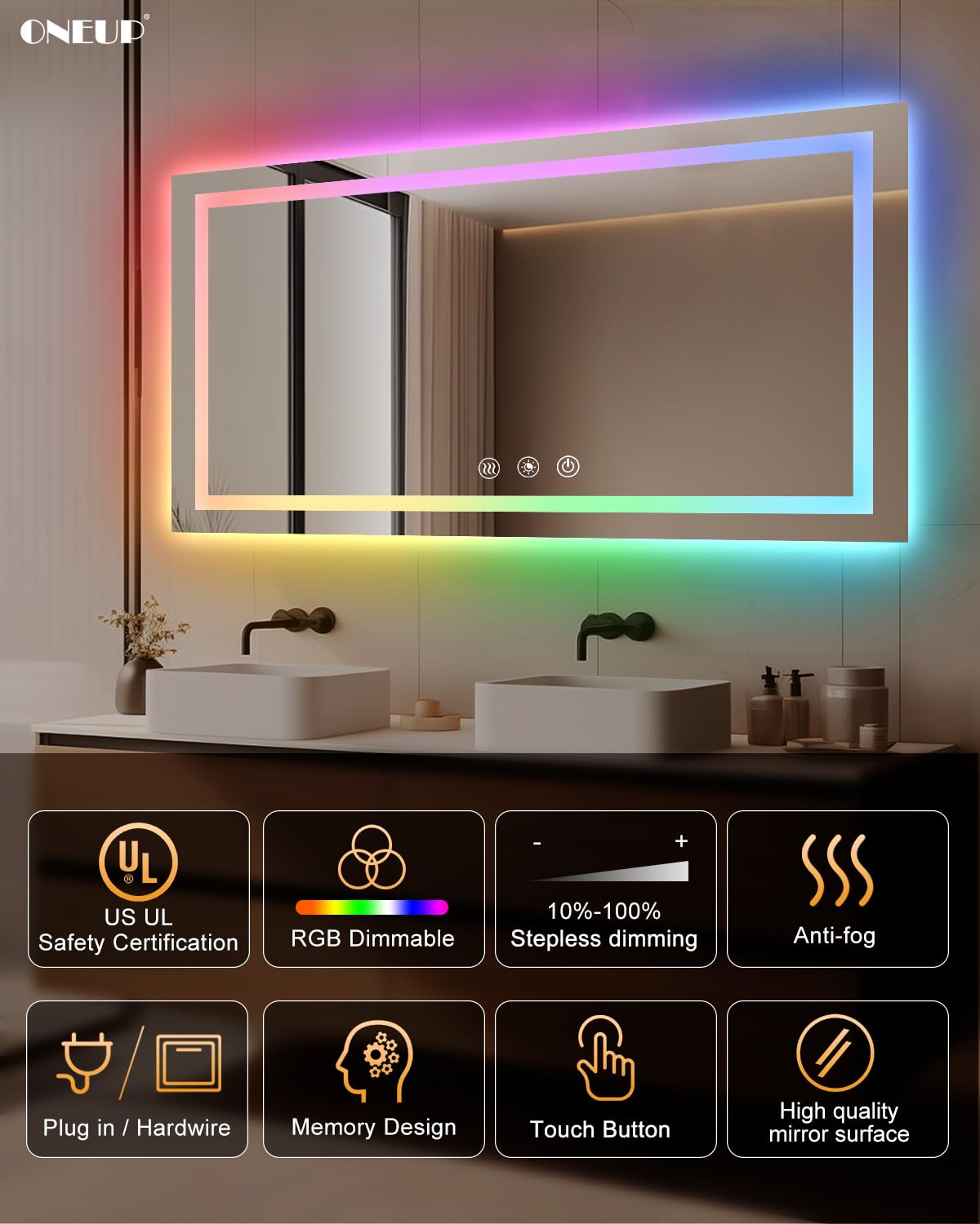 Oneup 55''X30'' Led Bathroom Mirror,Rgb Color Changing Bathroom Mirror With Lights,Anti-Fog Wall-Mounted Vanity Mirrors,Dimmable