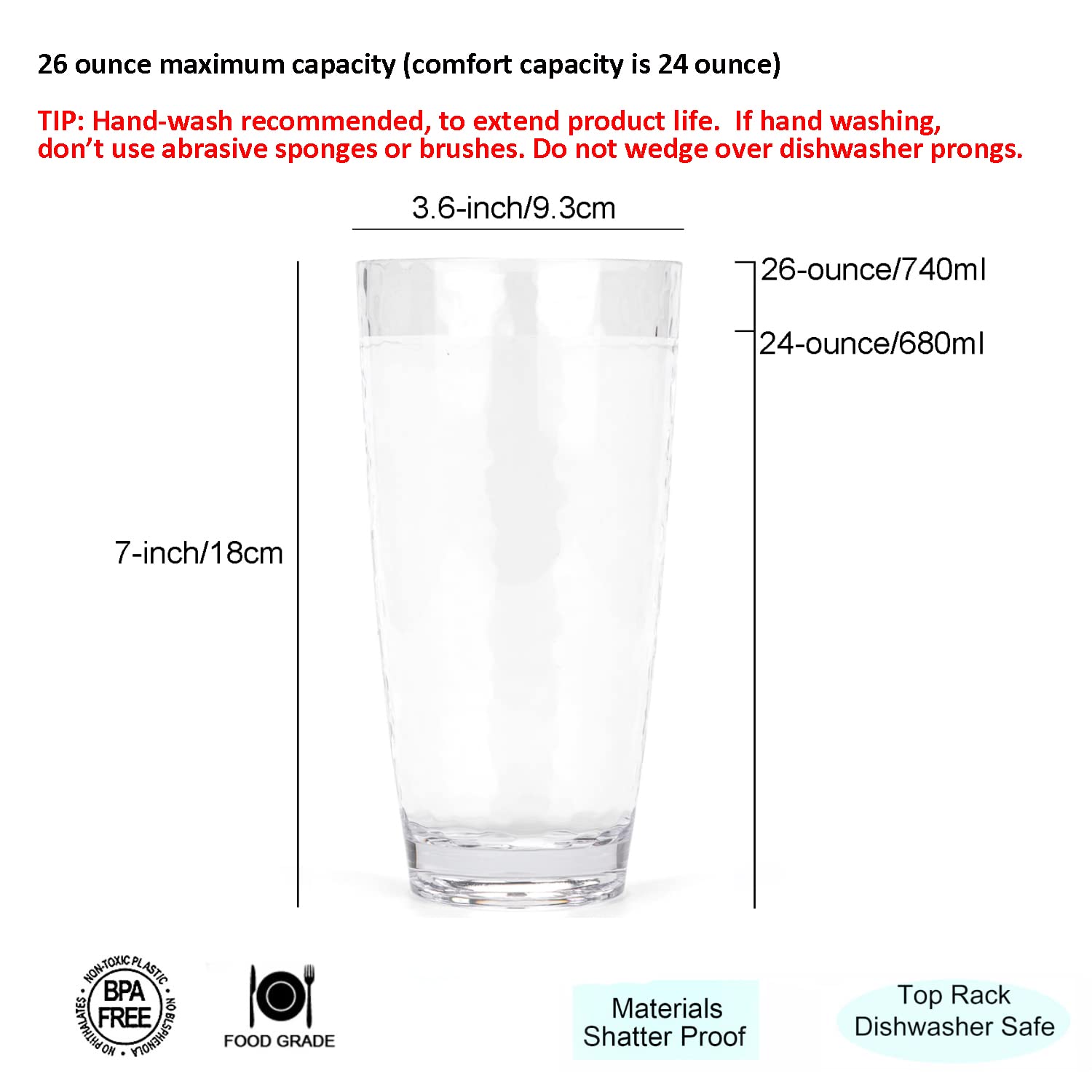 Koxin-Karlu Hammered 26-Ounce Plastic Tumbler Acrylic Glasses, Set Of 6 Clear