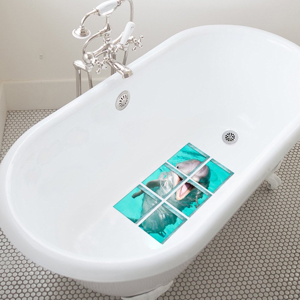 ChezMax Bath Treads Stickers Dolphin Pattern Square 3D Adhesive Anti Slip Tub Tattoos Safety Decals Mat Waterproof Shower Tub Sticker Bathtub Appliques for Bath Pools Home Decor 6 Pcs 5.9'' X 5.9''