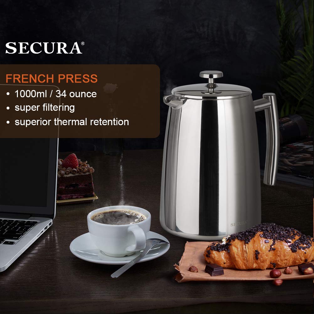 Secura French Press Coffee Maker, 34-Ounce, Stainless Steel, Silver, Model SFP-34DSC-A, Insulated with Extra Screen
