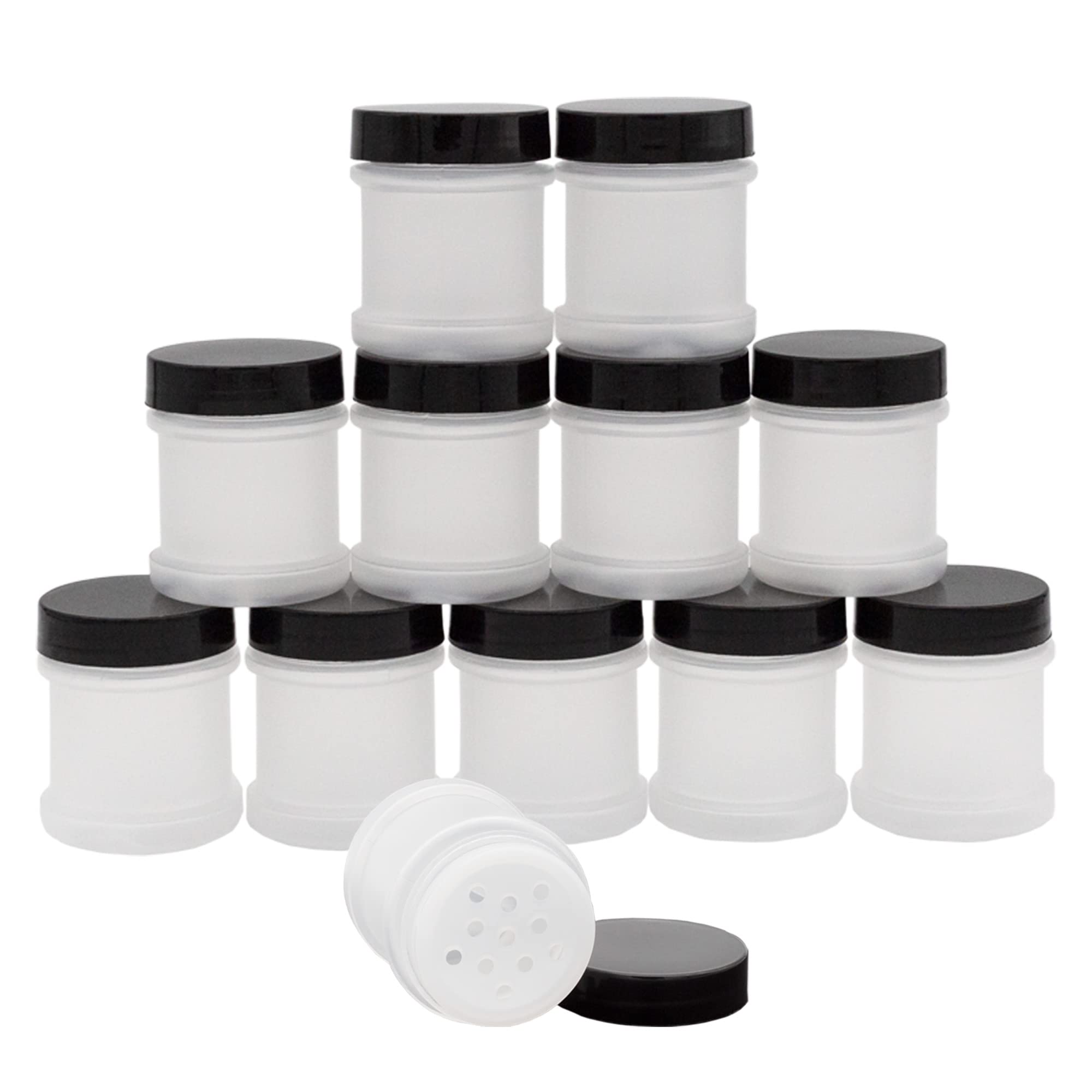 Cornucopia Mini Plastic Spice Jars W/Sifters (12-Pack, Black); 2 Tablespoon Capacity (1 Fluid Ounce) Spice Bottles For Travel, G