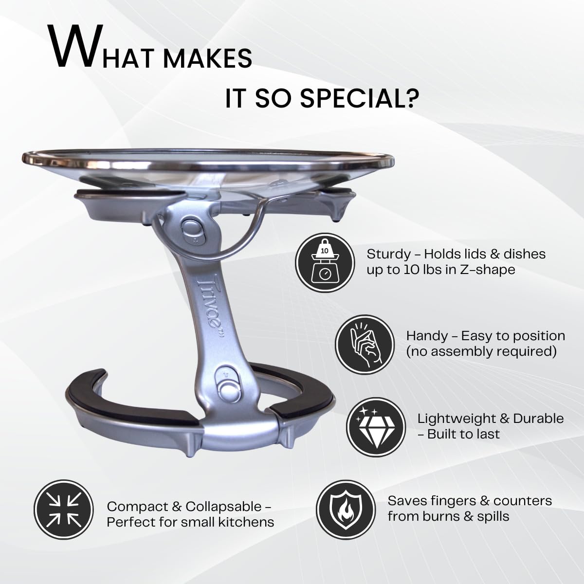 Trivae Unique Patented Pan Lid, Utensil And Pot Holder, Dish/Cake Serving Stand And Trivet All-In-1 For The Kitchen Lover
