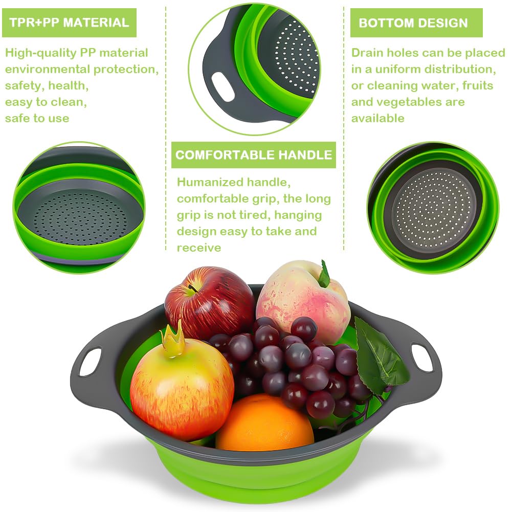 Auauy 2 Pcs Collapsible Colander Set, Round Silicone Folding Colander With Plastic Handles, Eco-Friendly Large Hole Kitchen Stra