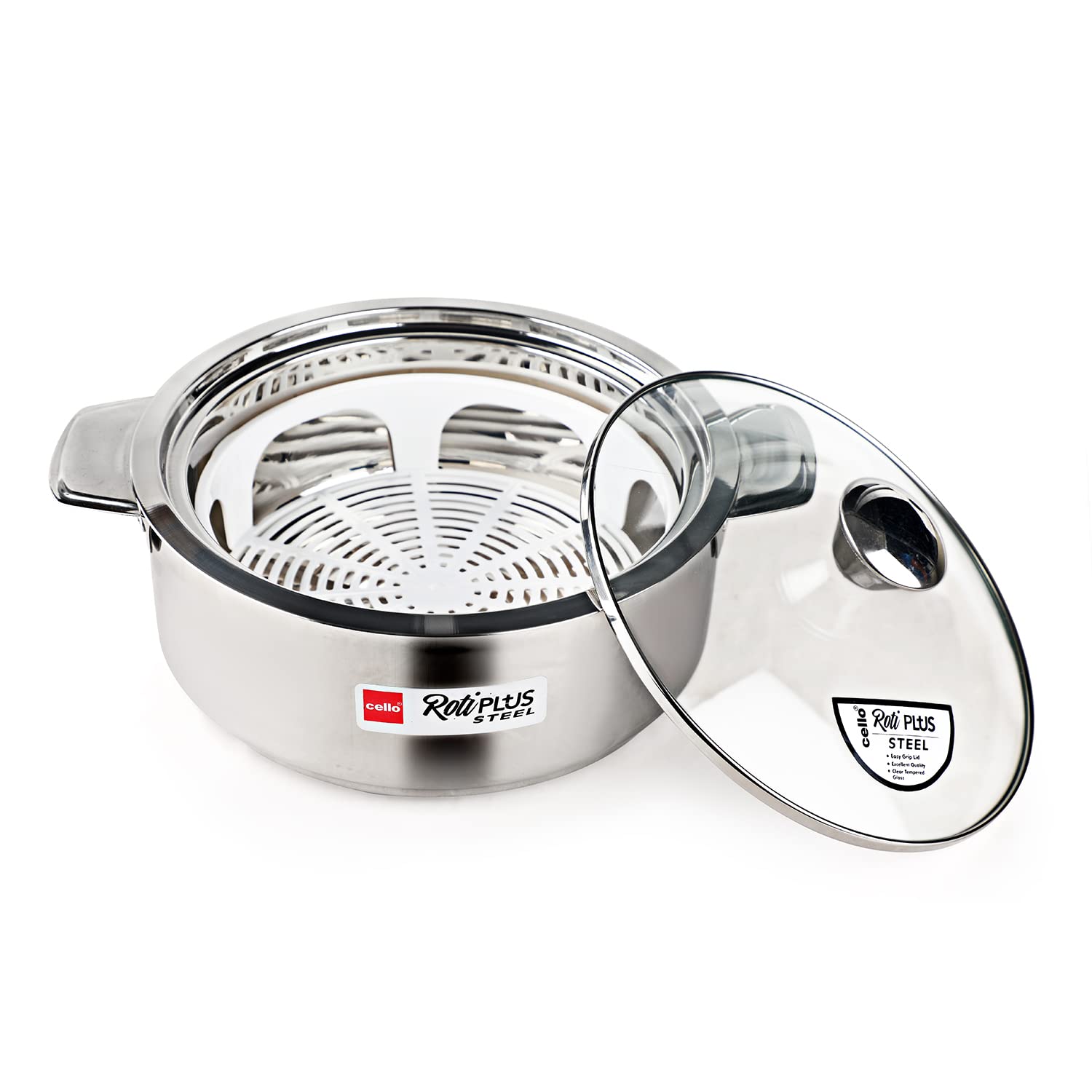 Cello Roti Plus Insulated Stainless Steel Casserole Hot Pot Case Box With Glass Lid, 2500Ml, Silver | Double Wall Insulated, Inn