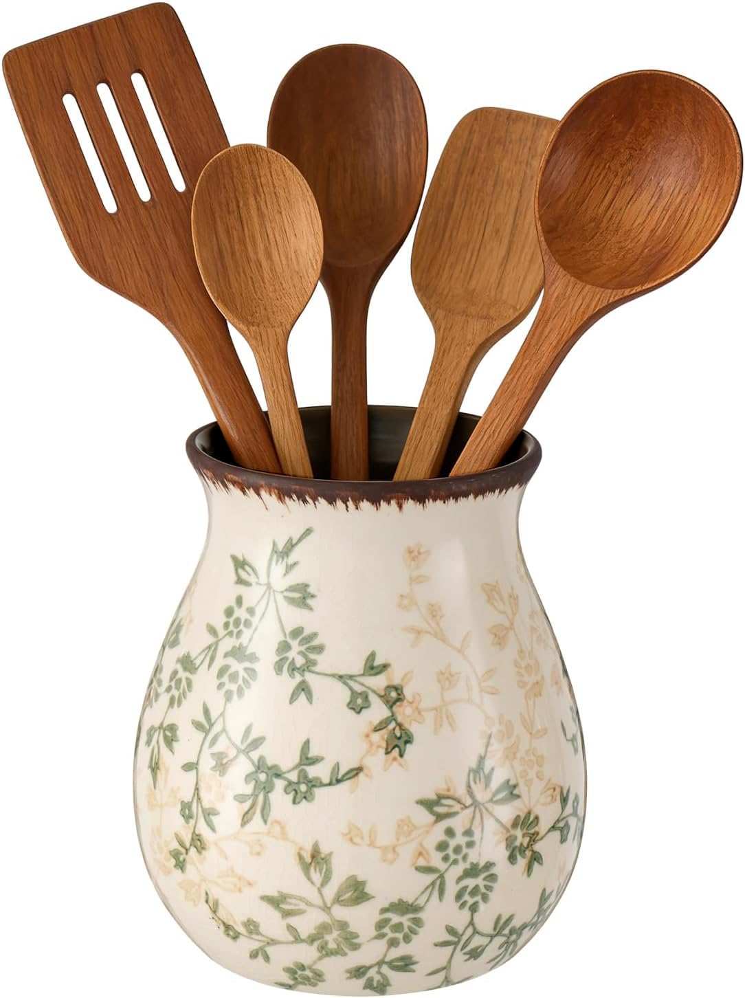 Rustic Ceramic Utensil Holder for Kitchen Counter Farmhouse Cooking Utensil Crock Vintage Kitchen Utensil Organizer Spatula Spoo