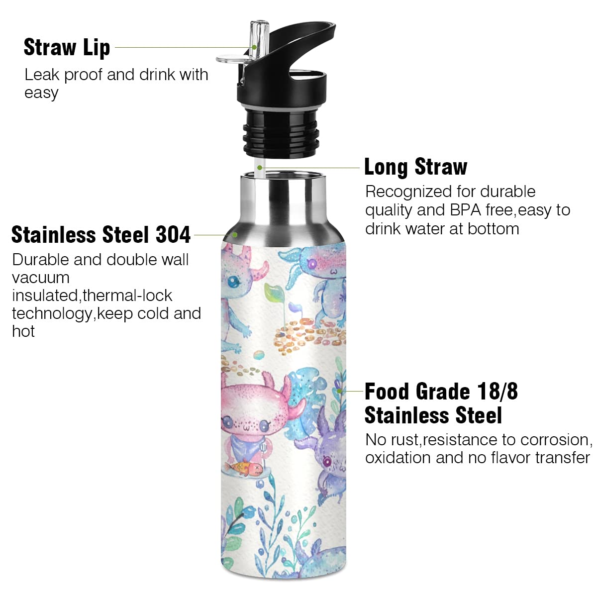 Anyangquji Axolotl Sports Water Bottle, Double Wall Vacuum Insulated Stainless Steel Water Bottle With Straw Keeps Hot And Cold,