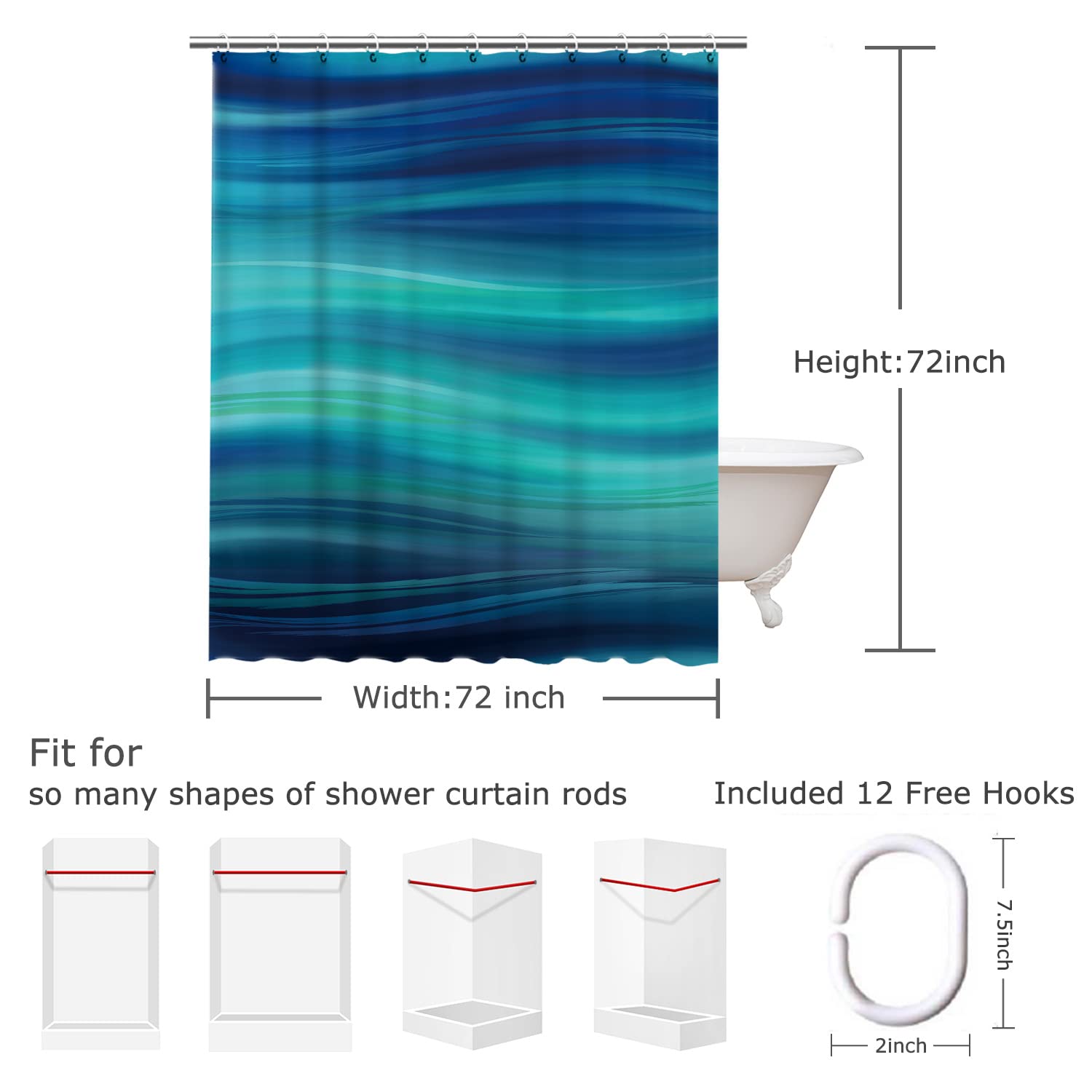 RosieLily Blue Shower Curtain  Marble Shower Curtains  Abstract Shower Curtains Set with 12 Hooks ?eal?hower Curtain  Navy Blue Ombre Striped Bathroom Curtain  72Wx72H