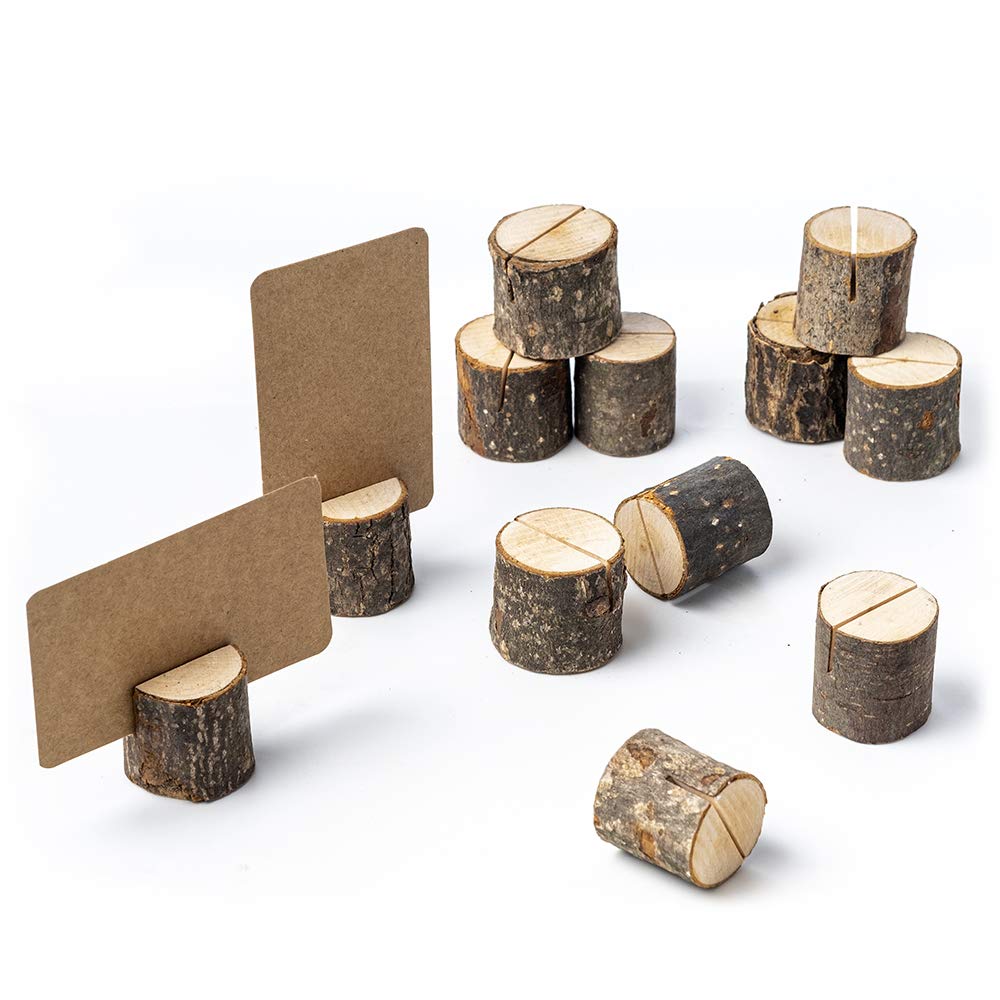 Jofefe 12Pcs Mini Premium Wood Place Card Holders and 24Pcs Kraft Table Place Cards  Rustic Mini Table Number Holders  Table Sign Stand  Name Card Photo Picture Holders for Wedding  Party  Birthday.