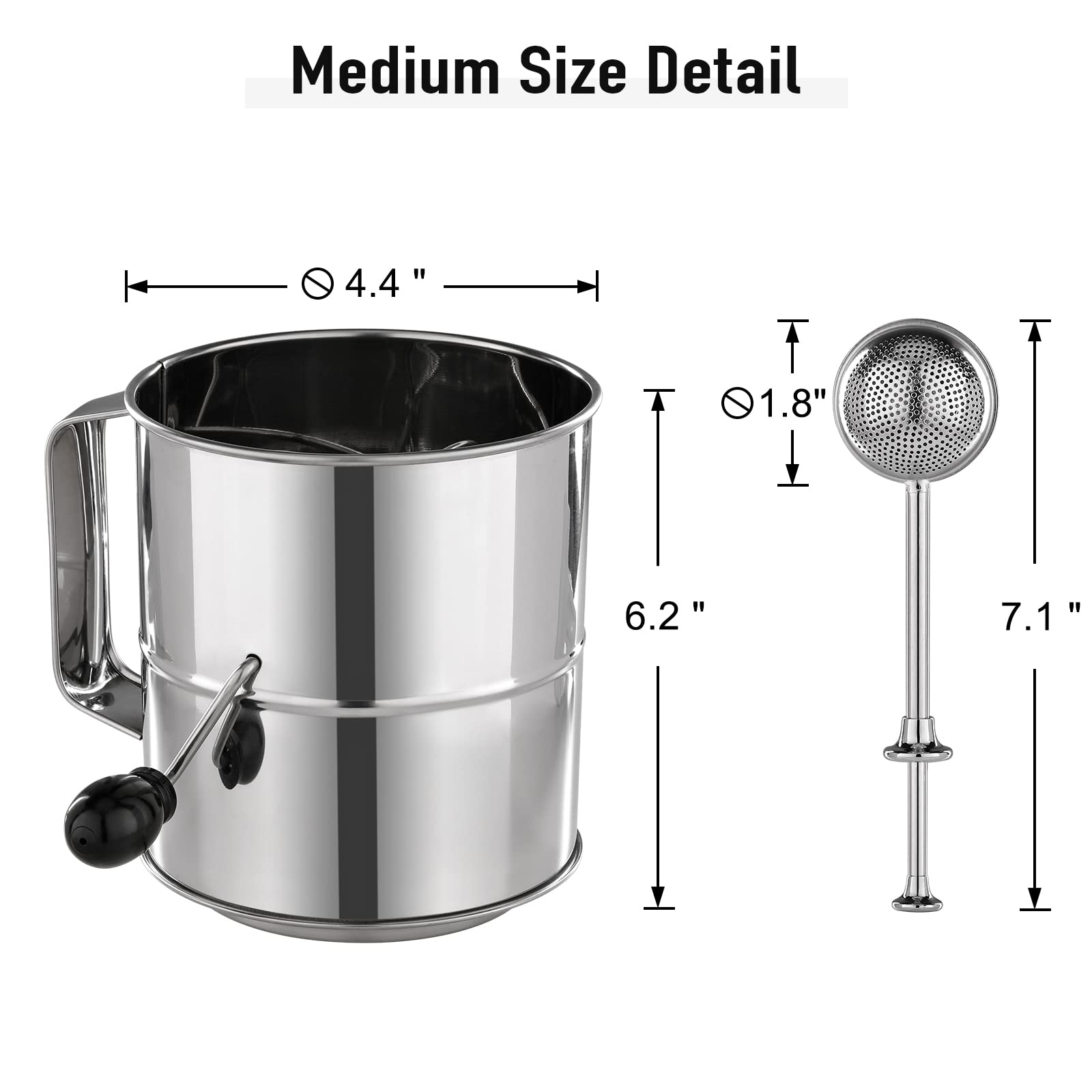 Piquebar Flour Sifter - 5 Cup Fine Mesh Hand Crank Sifter Stainless Steel With Agitator Wire Loop For Baking, Powdered Sugar Dus