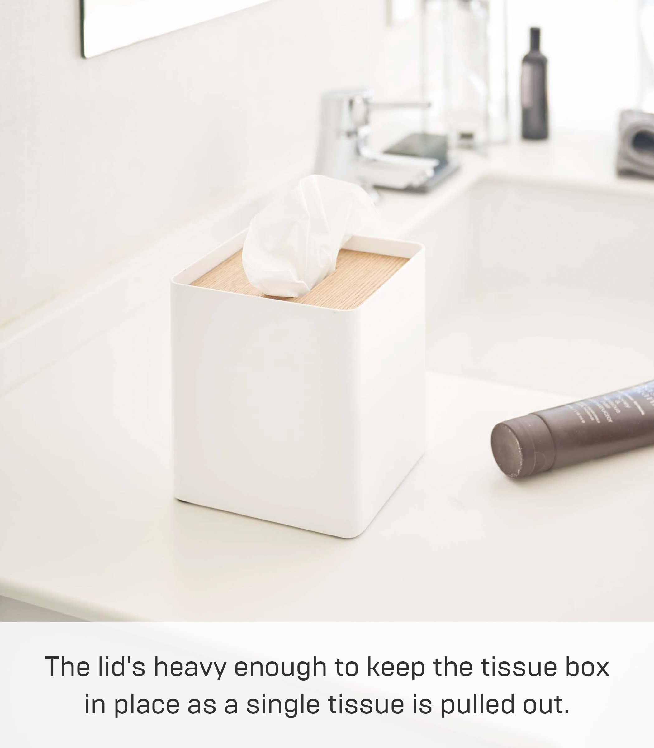 Yamazaki Home Rin Reusable Tissue Box Cover Metal Holder Container Case With Natural Wooden Lid - Steel