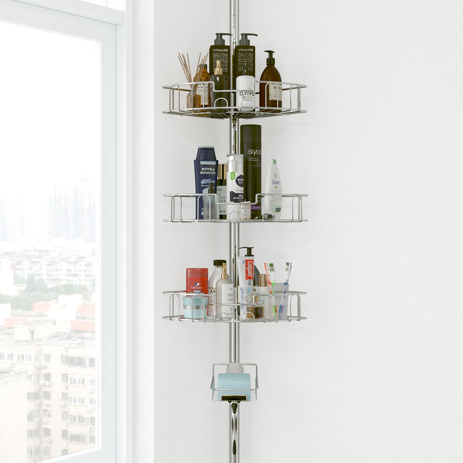 Yeyebest 39-125 Inch Rustproof Shower Caddy Corner For Bathroom, Bathtub Storage Organizer With 4 Adjustable Baskets, Sliver