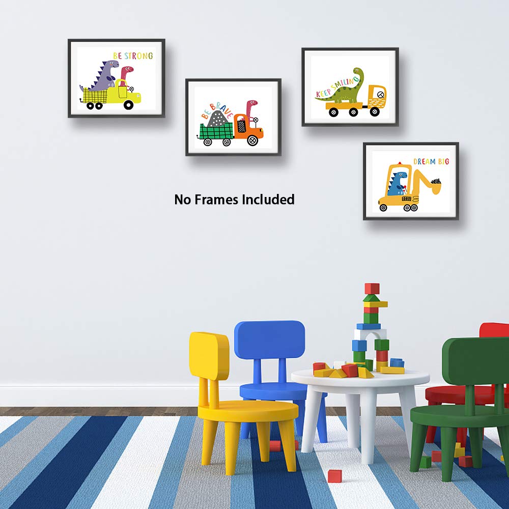 Funny Colorful Cute Dinosaur Truck Inspirational Quotes Art Print Humorous Quotes Painting  Dinosaur Wall Art Canvas Poster for Boy Room Nursery Classroom Playroom Decor  Set of 4 (8X10)  No Frame