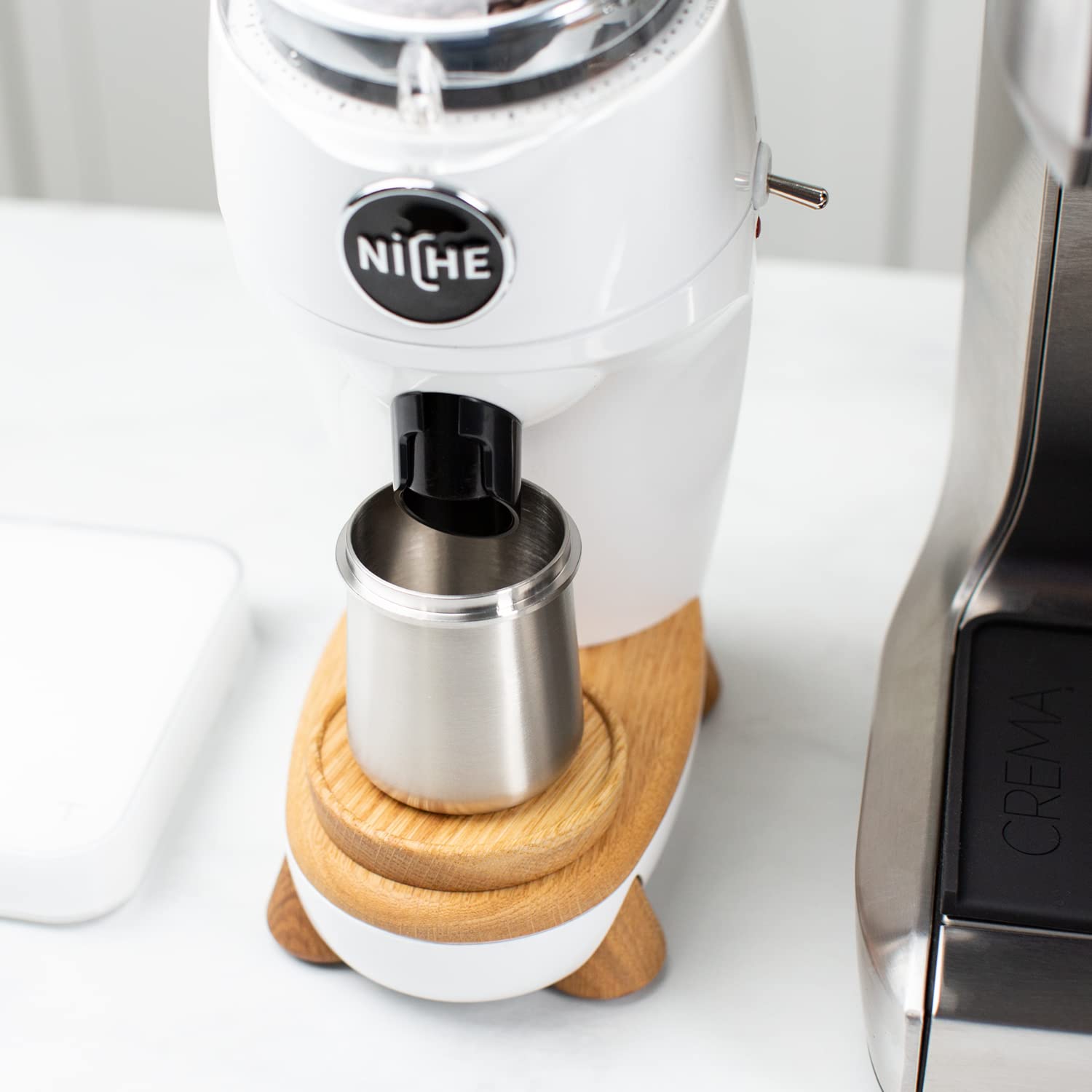 Silver 58Mm Dosing Cup | White | 100% Stainless Steel | Espresso Coffee Dosing Cup | Crema Coffee Products